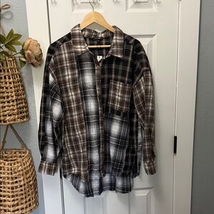 Plaid Button-Up Shirt Jacket in Brown and Black papermoon